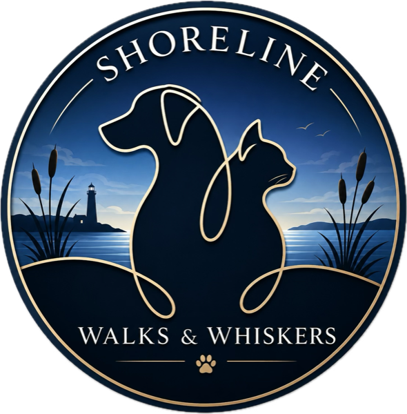 Shoreline Walks & Whiskers logo — a dog and cat silhouette before a lighthouse and shoreline